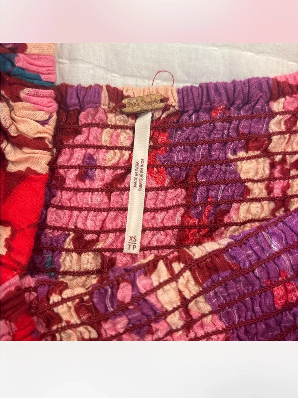Free People Pink & Red Floral Smocked Square-Neck Puff Sleeve Top